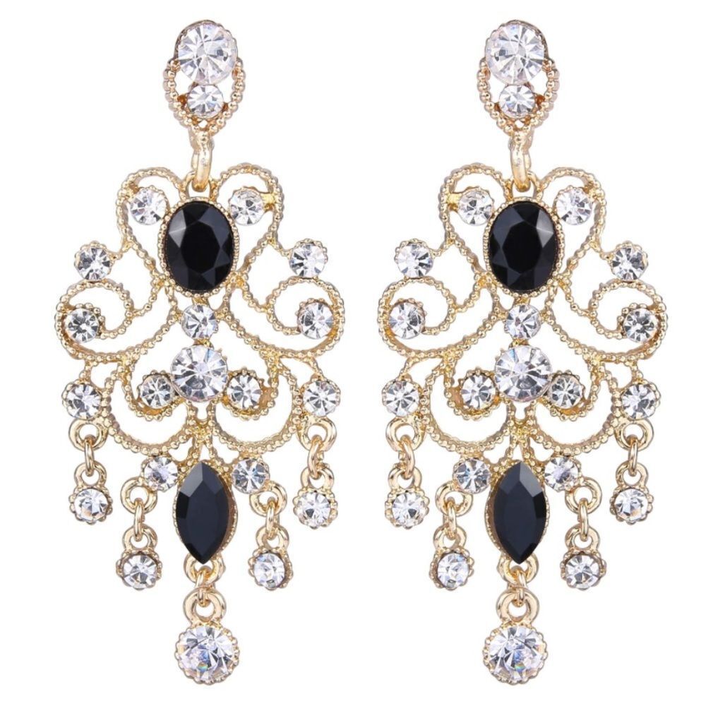 Yellow Gold with Diamond and Black Onyx Austrian Crystal Chandelier Earrings